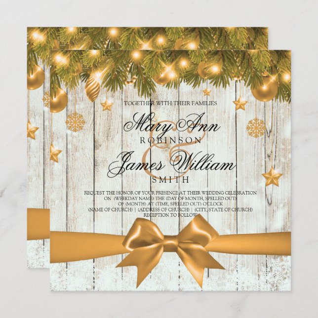 Rustic Christmas Wedding Gold Decorations & Ribbon Invitation (Front/Back)