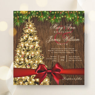 Rustic Christmas Wedding Tree, Lights & Red Ribbon Invitation