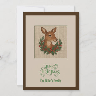 Rustic christmas Winter Deer with Wreath Holiday Card