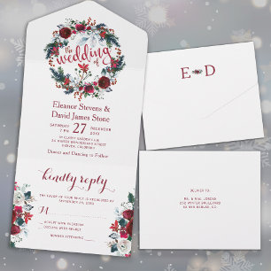 Rustic Christmas winter floral wreath wedding RSVP All In One Invitation