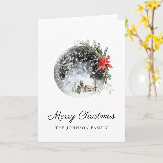 Rustic Christmas Winter Mountain Cabin Snow globe Card (Yellow Flower)