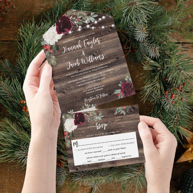 Rustic Christmas Winter Wood String Lights Wedding All In One Invitation (Creator Uploaded)