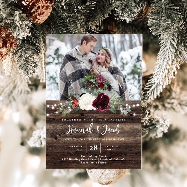Rustic Christmas Wood String Lights Photo Wedding Invitation (Creator Uploaded)