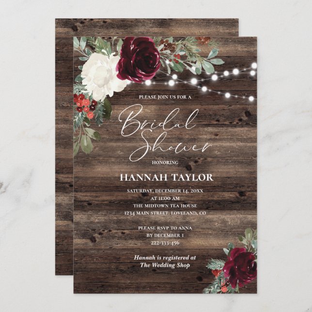Rustic Christmas Wood Winter Bridal Shower Invitation (Front/Back)