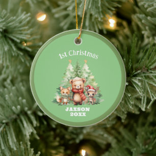RUSTIC CHRISTMAS WOODLAND ANIMALS PERSONALIZE CERAMIC ORNAMENT