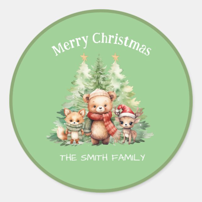 RUSTIC CHRISTMAS WOODLAND ANIMALS PERSONALIZE CLASSIC ROUND STICKER (Front)