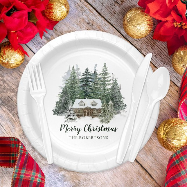 Rustic Christmas Woodland Cabin Paper Plate (Creator Uploaded)