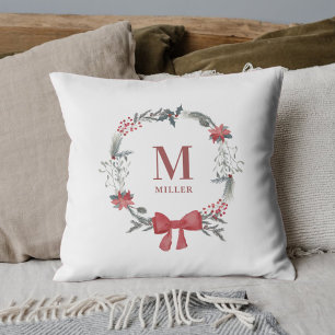 Rustic Christmas Wreath Family Name Monogram Cushion