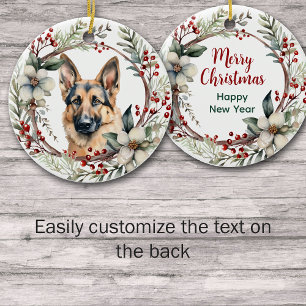 Rustic Christmas Wreath German Shepherd Dog Ceramic Ornament