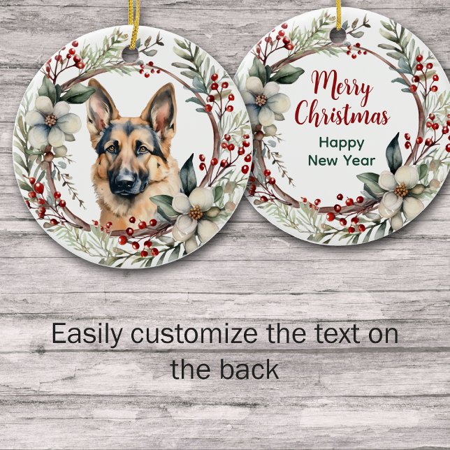Rustic Christmas Wreath German Shepherd Dog Ceramic Ornament (Creator Uploaded)