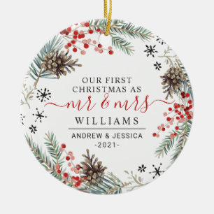 Rustic Christmas Wreath   Mr. & Mrs. Photo Ceramic Ceramic Ornament
