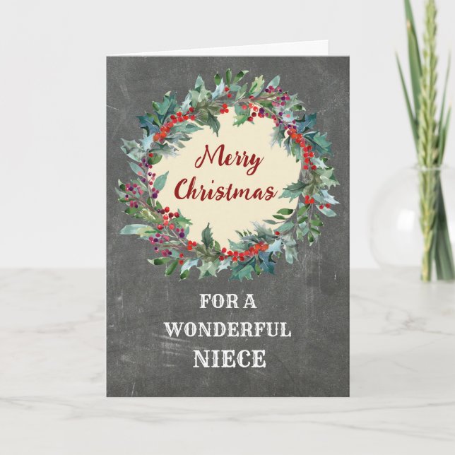 Rustic Christmas Wreath Niece Merry Christmas Card (Front)