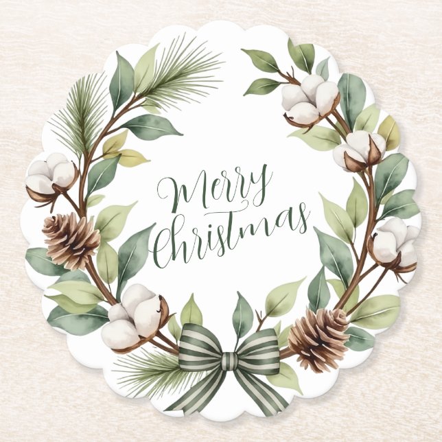 Rustic Christmas Wreath Paper Coaster (Front)