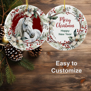 Rustic Christmas Wreath White Horse Ceramic Ornament