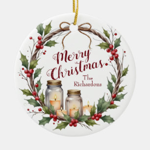Rustic Christmas Wreath with Holly Ceramic Ornament