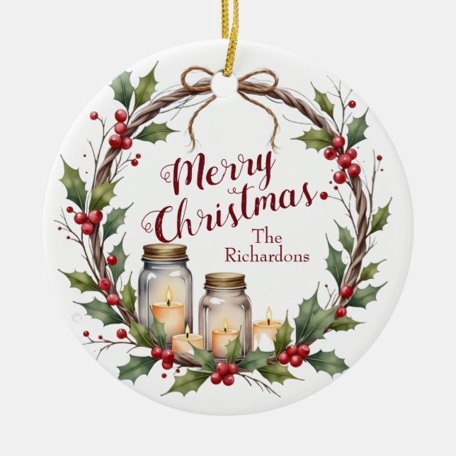 Rustic Christmas Wreath with Holly  Ceramic Ornament (Front)