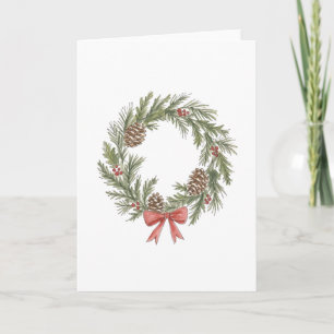 Rustic Christmas Wreath with Pinecones and Red Bow Card