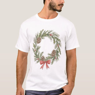 Rustic Christmas Wreath with Pinecones and Red Bow T-Shirt
