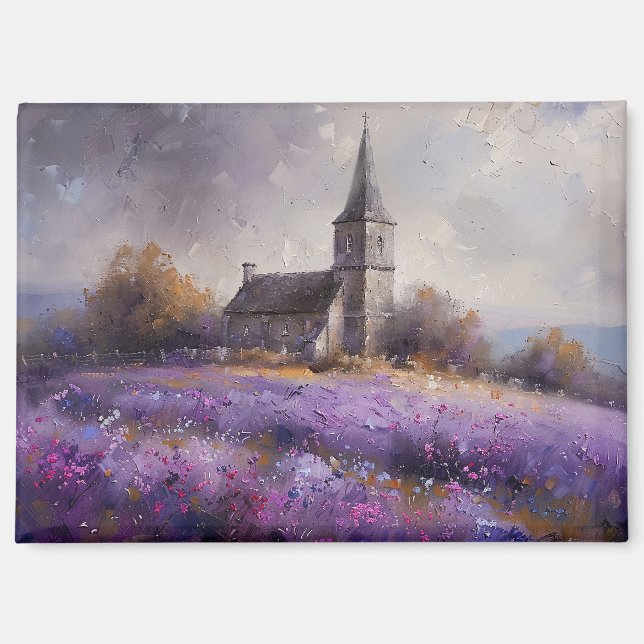 Rustic Church and Purple Wildflower Field Painting Magnet (Front)