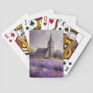 Rustic Church and Purple Wildflower Field Painting Playing Cards