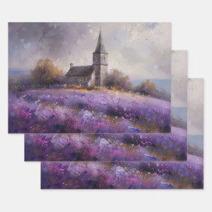 Rustic Church and Purple Wildflower Field Painting Wrapping Paper Sheet