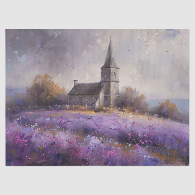 Rustic Church and Purple Wildflowers Decoupage Tissue Paper (Front)