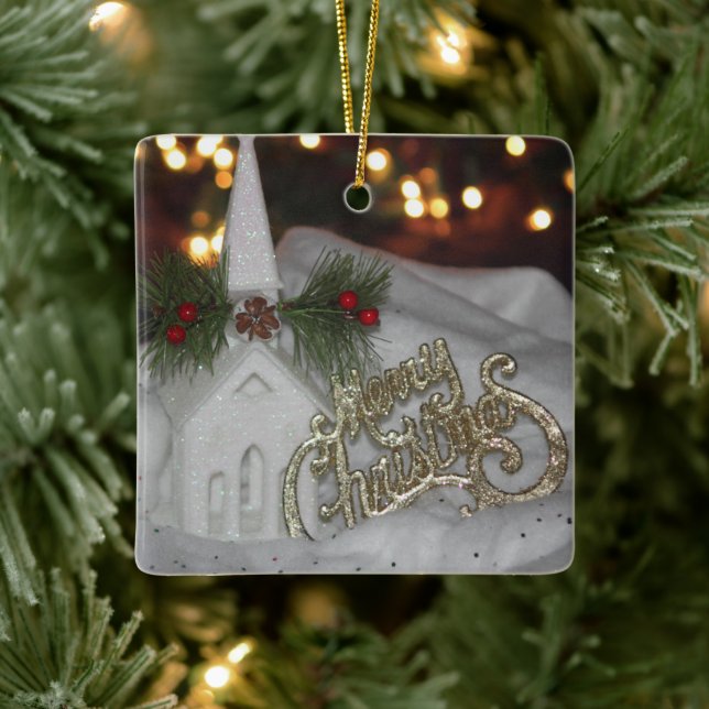 Rustic Church Lights Merry Christmas James 1:17 Ceramic Ornament (Tree)
