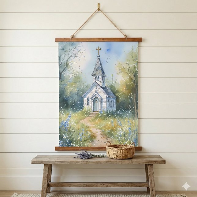 Rustic Church Path in Wildflower Meadow Hanging Tapestry (Rustic Church Path in Wildflower Meadow Hanging Tapestry Over Entry Table)