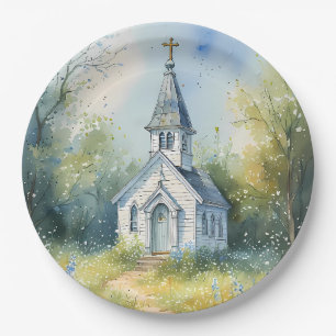 Rustic Church Path in Wildflower Meadow Paper Plate