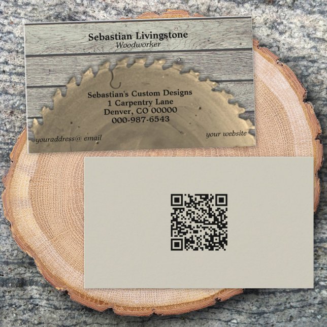 Rustic Circular Saw Carpentry QR Code Back Business Card (Creator Uploaded)