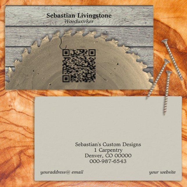 Rustic Circular Saw Carpentry QR Code Front Business Card (Creator Uploaded)