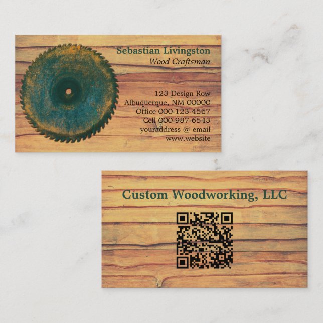 Rustic Circular Saw Woodworking Profession QR Code Business Card (Front/Back)