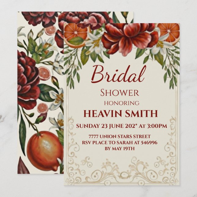 Rustic Citrus and Burugundi Floral Bridal Shower Invitation (Front/Back)