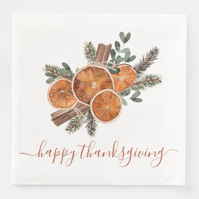 Rustic Citrus And Pine Happy Thanksgiving Napkin (Front)