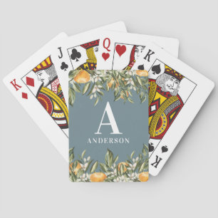 Rustic citrus modern botanical floral blue playing cards