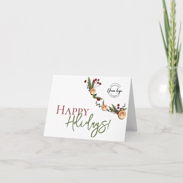 Rustic Citrus & Pine Corporate Custom Christmas Holiday Card (Front)