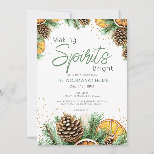 Rustic Citrus Pine Making Spirits Bright Holiday P Invitation (Front)