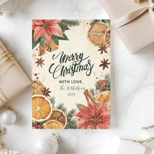 Rustic Citrus Poinsettia Merry Christmas Holiday Card
