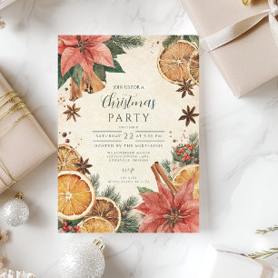 Rustic Citrus Poinsettia Merry Christmas Invitation