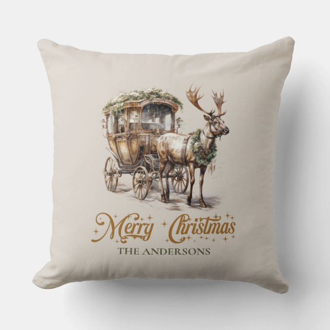 Rustic classic deep green and gold Reindeer sleigh Cushion (Front)