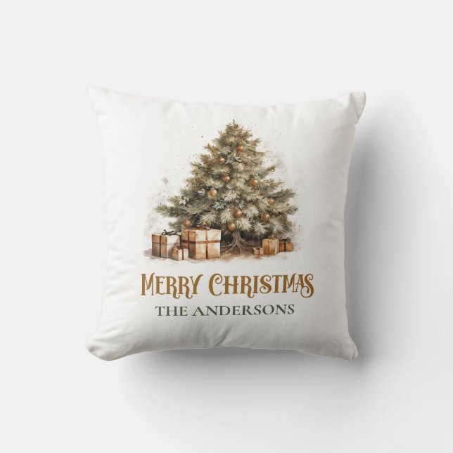 Rustic classic sage green and gold Christmas tree  Cushion (Front)