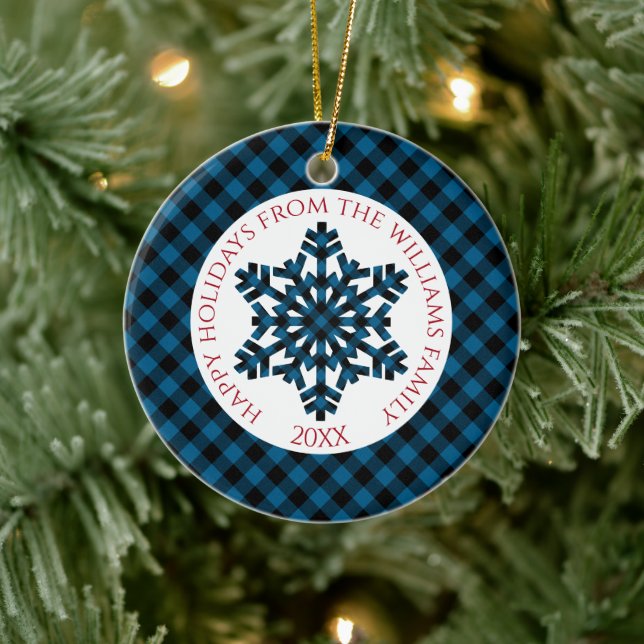 Rustic Classy Blue Black Tartan Checks Snowflakes Ceramic Ornament (Tree)
