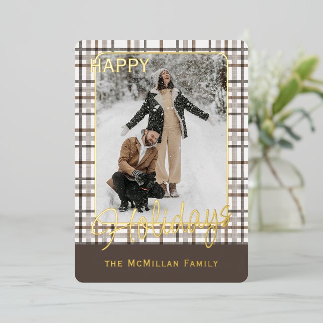 Rustic Classy Elegant Plaid Pattern Gold Foil Holiday Card (Standing Front)