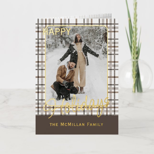 Rustic Classy Elegant Plaid Pattern Gold Foil Holiday Card (Front)
