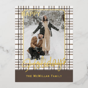 Rustic Classy Elegant Plaid Pattern Gold Foil Holiday Postcard