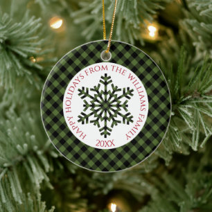 Rustic Classy Green Black Tartan Checks Snowflakes Ceramic Ornament