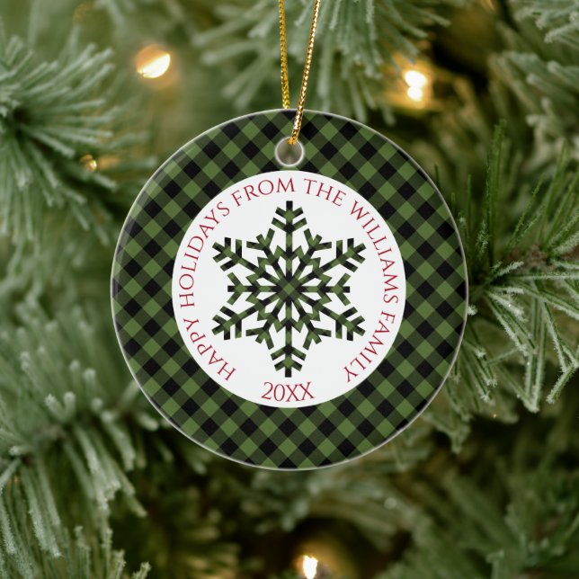 Rustic Classy Green Black Tartan Checks Snowflakes Ceramic Ornament (Tree)