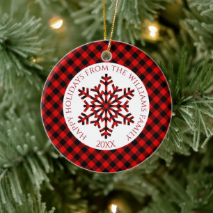 Rustic Classy Red Black Tartan Checks Snowflakes Ceramic Ornament