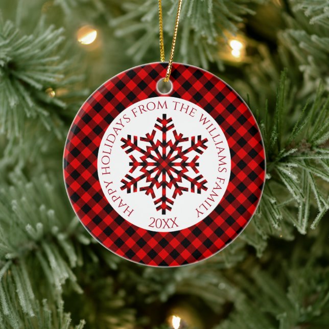 Rustic Classy Red Black Tartan Checks Snowflakes Ceramic Ornament (Tree)