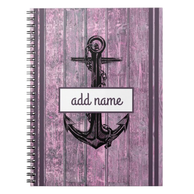 Rustic Coastal Anchor Pink Name Nautical Note Notebook (Front)